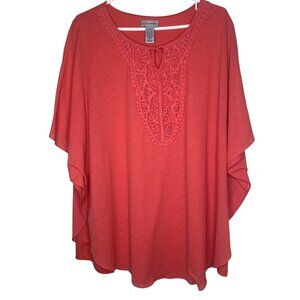 Womens Coral Red Catherines 2X Embellished Crochet Neckline Poncho Top Boxy Lage